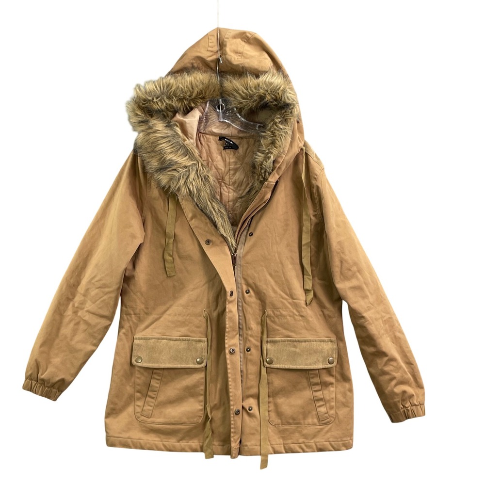 Miss Me Parka Jacket Women Size Small Tan Excellent Faux Fur Hood Utility Y2K
